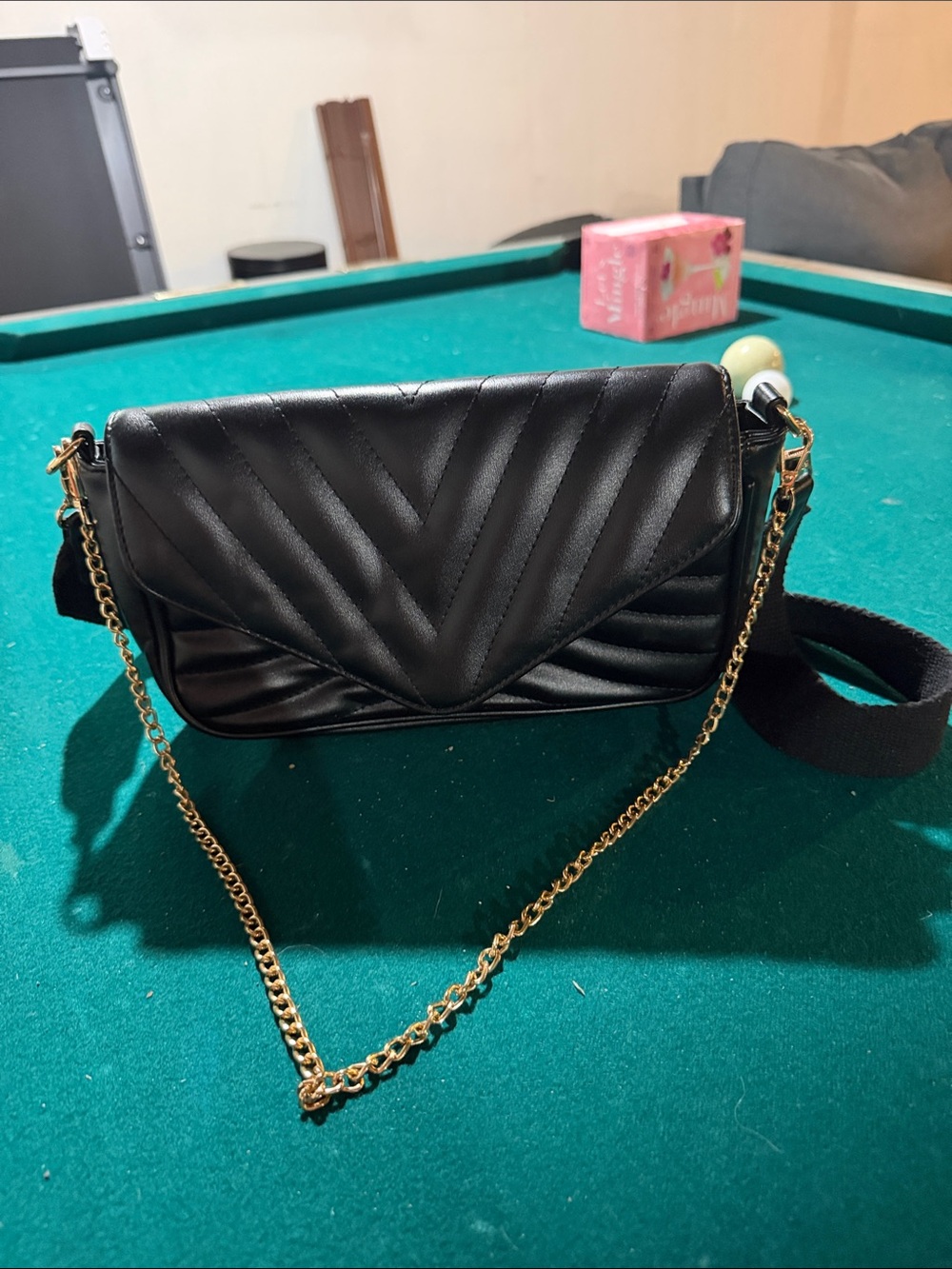 Quilted Chevron Crossbody Bag with Gold Chain - Black